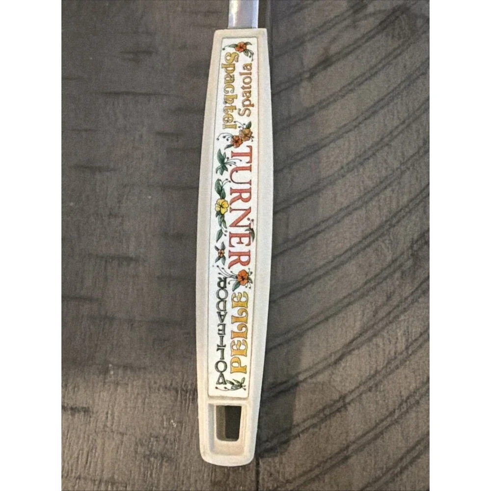 Vintage Ekco Turner Spatula Slotted White Plastic Handle Floral Flowers chromium